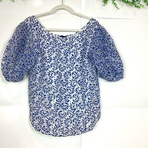Ann Taylor Blue and White Puff Sleeve Ruffled Blouse